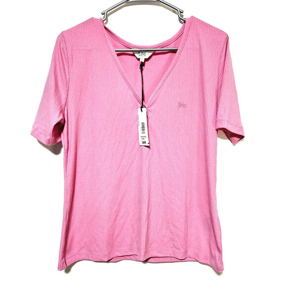 LEE Ribbed Y2K Pink Buttun Henley Short Sleeve V-neck Stretch Women's Sz XL NWT - Picture 1 of 5